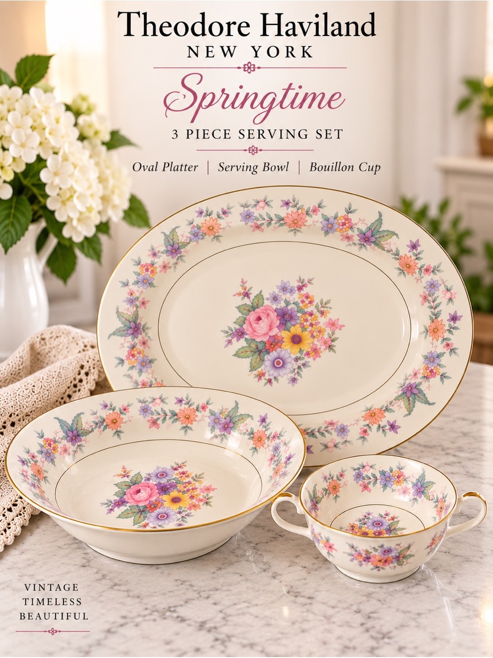 Theodore Haviland Springtime 3-Piece Serving Set in Floral Pink
